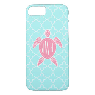 Monogrammed Pink Sea Turtle + Blue Quatrefoil Case-Mate iPhone Case