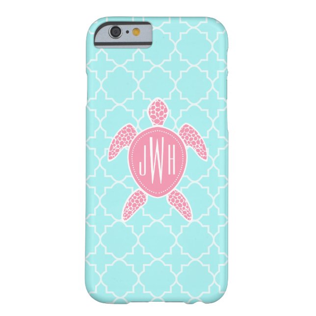 Monogrammed Pink Sea Turtle + Blue Quatrefoil Case-Mate iPhone Case (Back)