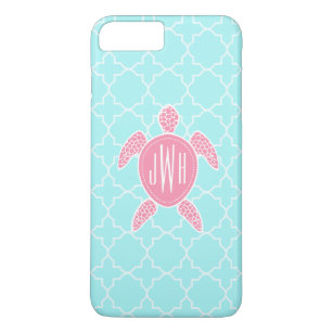 Monogrammed Pink Sea Turtle + Blue Quatrefoil iPhone 8 Plus/7 Plus Case