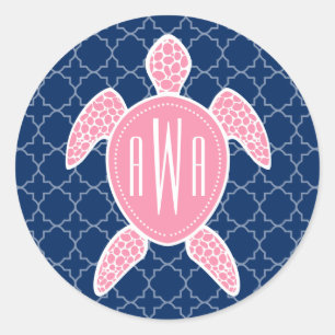 Monogrammed Pink Sea Turtle Blue Quatrefoil Classic Round Sticker