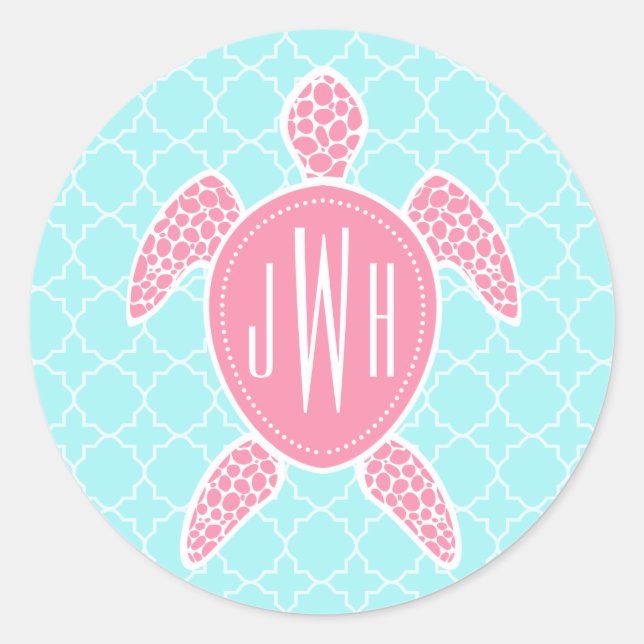 Monogrammed Pink Sea Turtle + Blue Quatrefoil Classic Round Sticker (Front)