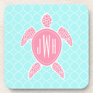 Monogrammed Pink Sea Turtle + Blue Quatrefoil Coaster