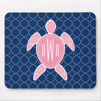 Monogrammed Pink Sea Turtle Blue Quatrefoil Mouse Pad