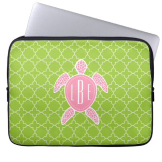 Monogrammed Pink Sea Turtle Green Quatrefoil Laptop Sleeve