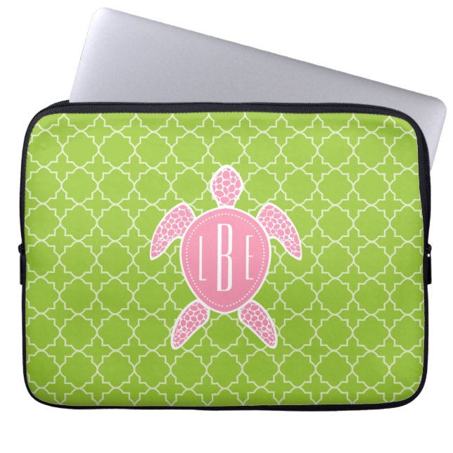 Monogrammed Pink Sea Turtle Green Quatrefoil Laptop Sleeve (Front)