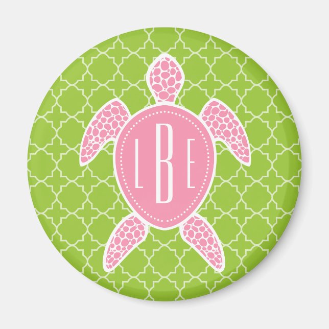 Monogrammed Pink Sea Turtle Green Quatrefoil Magnet (Front)
