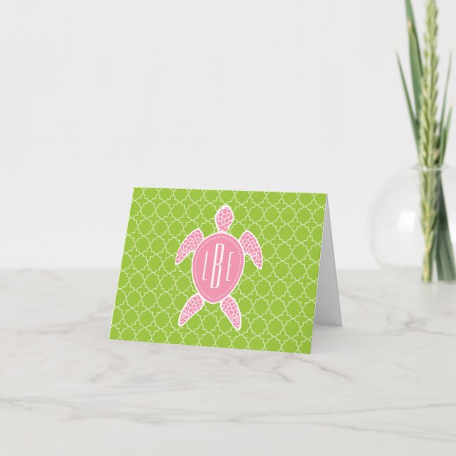 Monogrammed Pink Sea Turtle Green Quatrefoil Note Card (Front)
