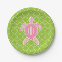 Monogrammed Pink Sea Turtle Green Quatrefoil
