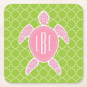 Monogrammed Pink Sea Turtle Green Quatrefoil Square Paper Coaster