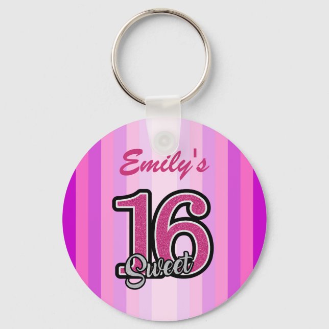 Monogrammed Pink Stripes And Glitter Key Ring (Front)