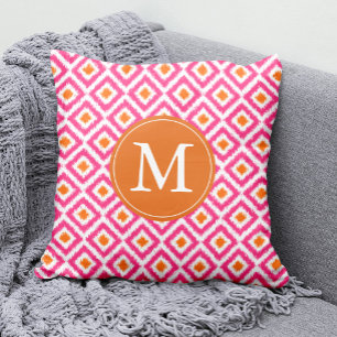 Monogrammed Pink Tangerine Diamonds Ikat Pattern Cushion