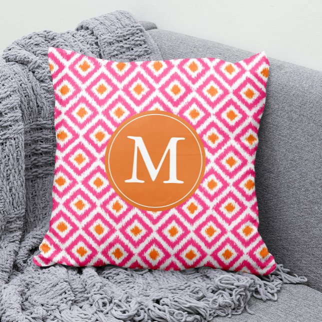 Monogrammed Pink Tangerine Diamonds Ikat Pattern Cushion (Creator Uploaded)