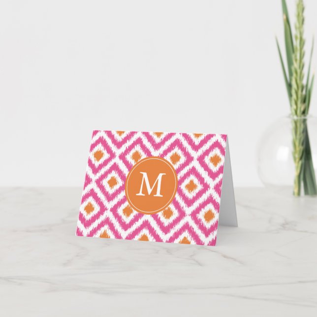 Monogrammed Pink Tangerine Diamonds Ikat Pattern Note Card (Front)