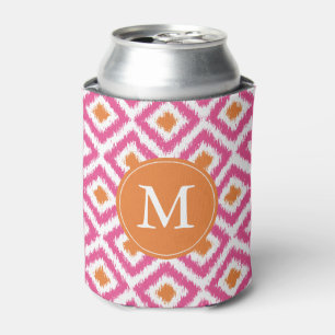 Monogrammed Pink Tangerine Ikat Diamonds Pattern Can Cooler