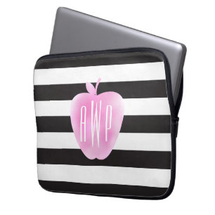 Monogrammed Pink Watercolor Apple + Stripes Laptop Sleeve