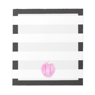 Monogrammed Pink Watercolor Apple + Stripes Notepad
