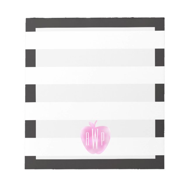 Monogrammed Pink Watercolor Apple + Stripes Notepad (Front)