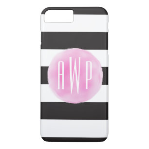 Monogrammed Pink Watercolor Black + White Stripes Case-Mate iPhone Case