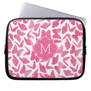 Monogrammed Pink Watercolor Butterflies Pattern Laptop Sleeve
