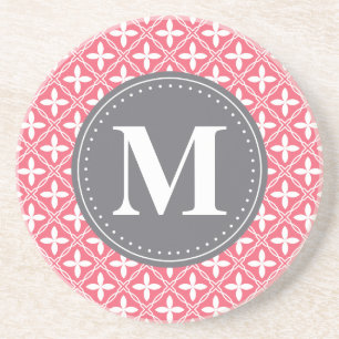 Monogrammed Pink White Floral Lattice Pattern Coaster