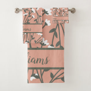 Monogrammed Pink White Green Floral Bath Towel Set