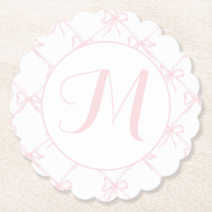 Monogrammed Pink & White Ribbon, Pink Bow Custom Paper Coaster
