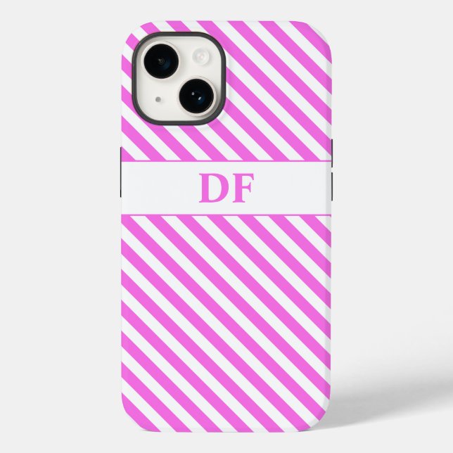 Monogrammed Pink/White Stripes Case-Mate iPhone Case (Back)
