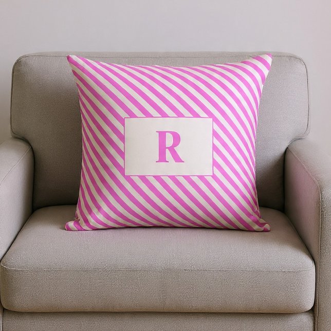 Monogrammed Pink/White Stripes Throw Pillow (Creator Uploaded)