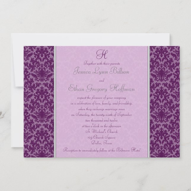 Monogrammed Plum Damask Wedding Invitation (Front)