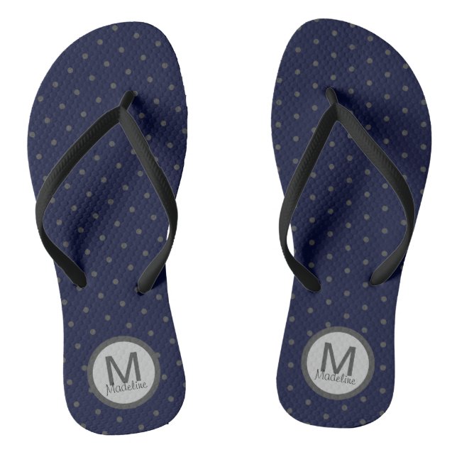 Monogrammed Polka Dots Grey Dark Blue Jandals (Footbed)