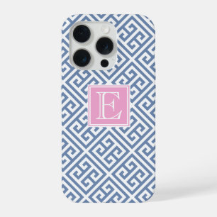 Monogrammed Preppy Blue And White Greek Key iPhone 15 Pro Case
