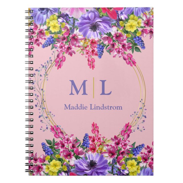 Monogrammed Pretty Pink Multicolor Floral Custom  Notebook (Front)
