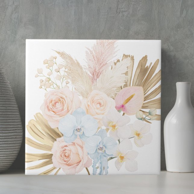 Monogrammed Pretty Tropical Flower Bouquet Floral Tile (Creator Uploaded)