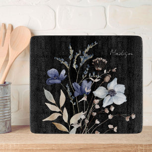 Monogrammed Pretty Watercolor Blue Wildflower Cutting Board