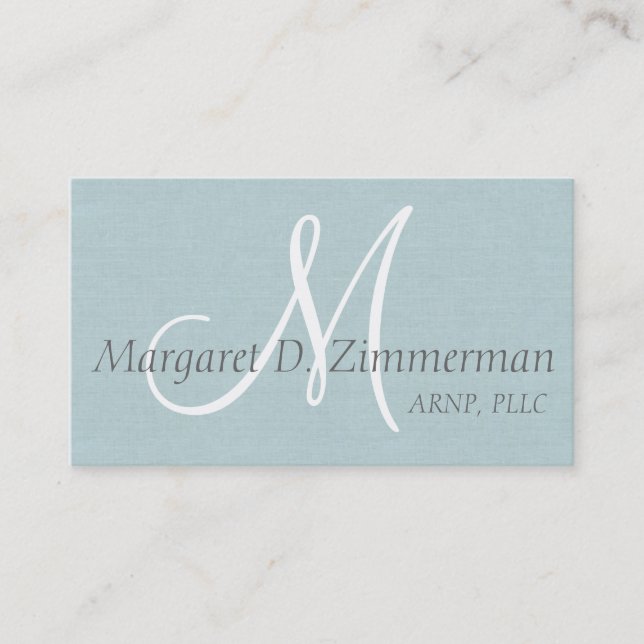 Monogrammed Professional, Light Blue Linen Business Card (Front)