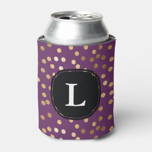 Monogrammed Purple and Gold Glitter Polka Dot Can Cooler