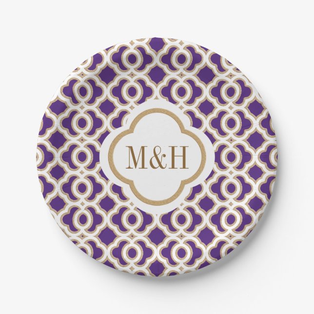 Monogrammed Purple and Gold Moroccan Wedding Paper Plate (Front)