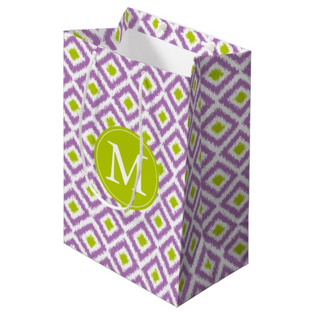 Monogrammed Purple and Green Diamonds Ikat Pattern Medium Gift Bag (Front Angled)