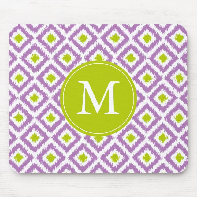 Monogrammed Purple and Green Ikat Pattern Mouse Pad (Front)