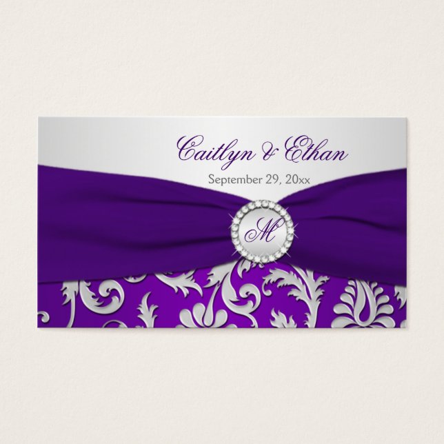 Monogrammed Purple and Silver Damask Favour Tag (Front)
