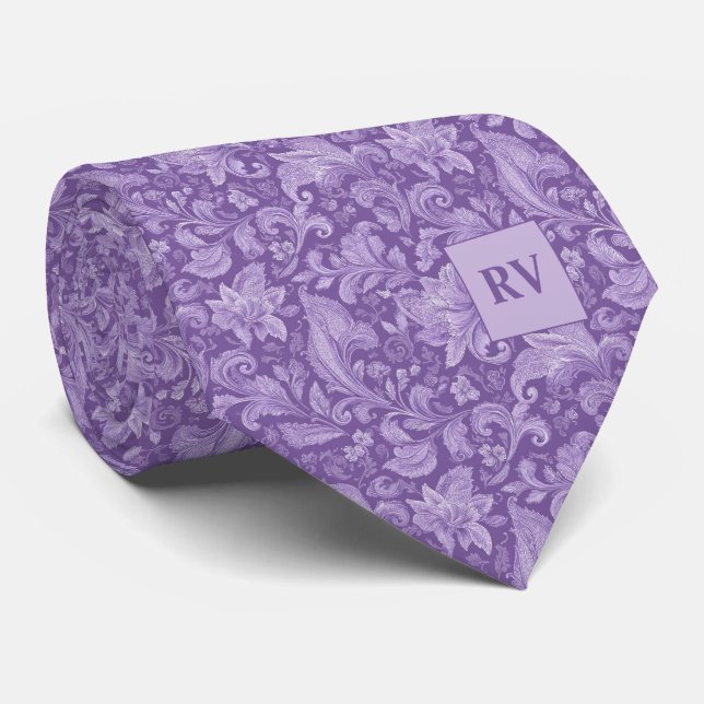 Monogrammed Purple Baroque Leaf Scroll Pattern Tie (Rolled)