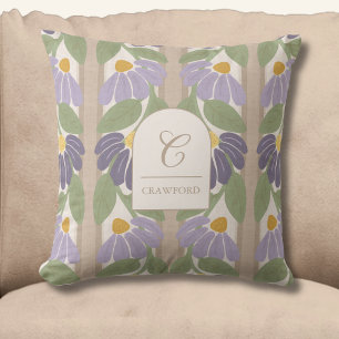 Monogrammed Purple & Beige Floral Stripe Cushion