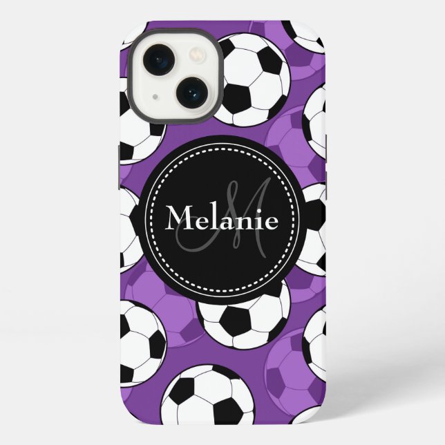 Monogrammed Purple Black Soccer Ball Pattern iPhone Case (Back)