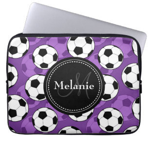 Monogrammed Purple Black Soccer Ball Pattern Laptop Sleeve