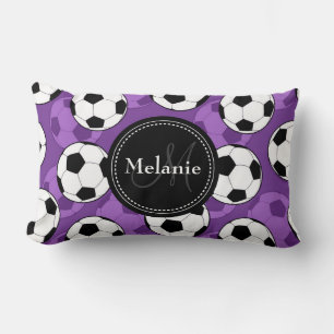 Monogrammed Purple Black Soccer Ball Pattern Lumbar Cushion