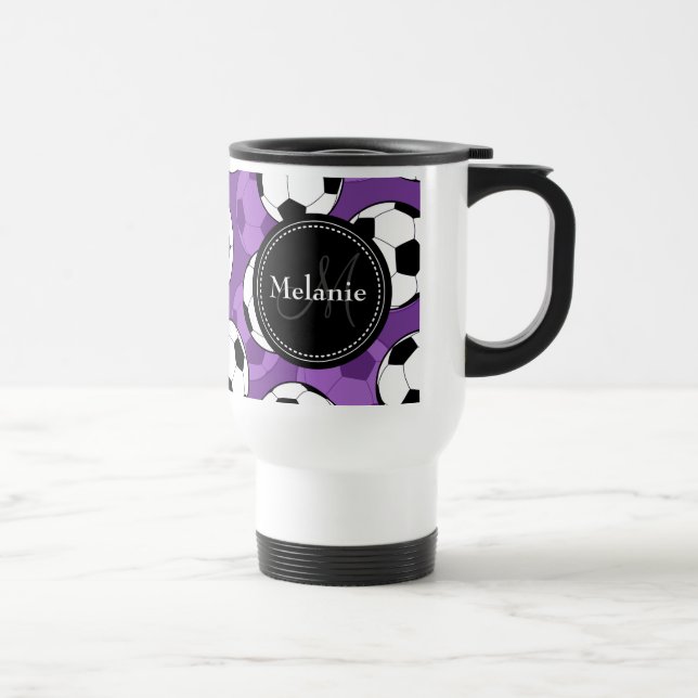 Monogrammed Purple Black Soccer Ball Pattern Travel Mug (Right)