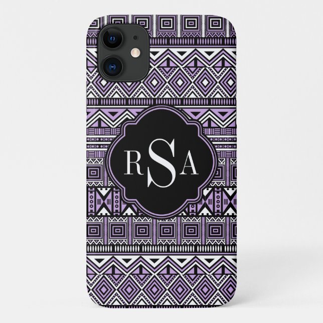 Monogrammed Purple Black Tribal Pattern Case-Mate iPhone Case (Back)
