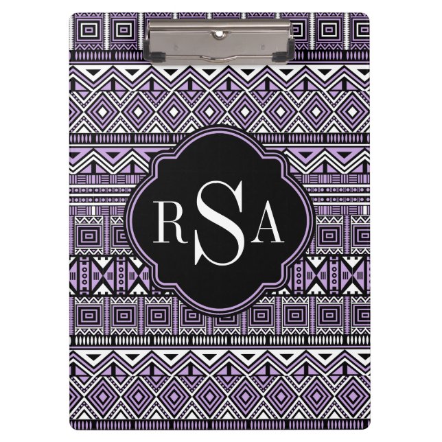 Monogrammed Purple Black Tribal Pattern Clipboard (Front)