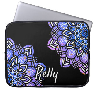 Monogrammed Purple, Black & White Mandala Pattern Laptop Sleeve