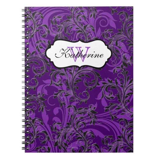 Monogrammed Purple Black White Scrolls Notebook (Front)